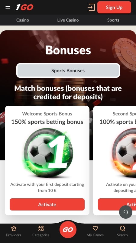 1GoCasino boonused Eestis