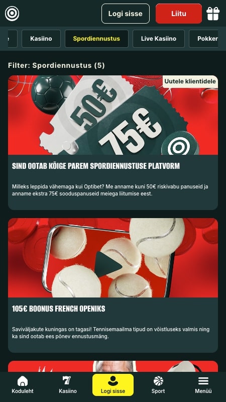 Optibet raha tagastuse boonus Eestis