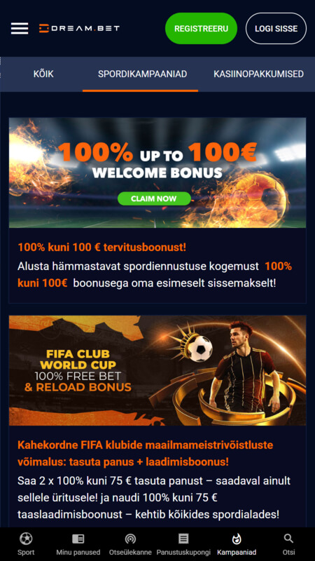 Dream.bet Bookmaker sports betting bonuses in Estonia