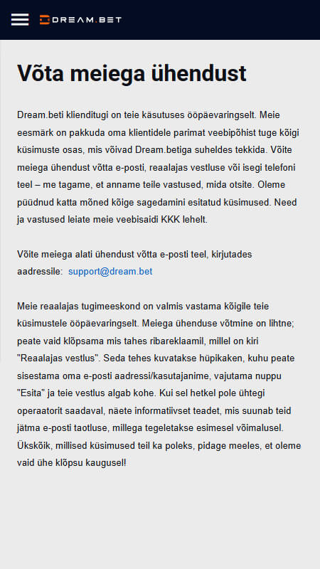 Dream.bet contacts for support