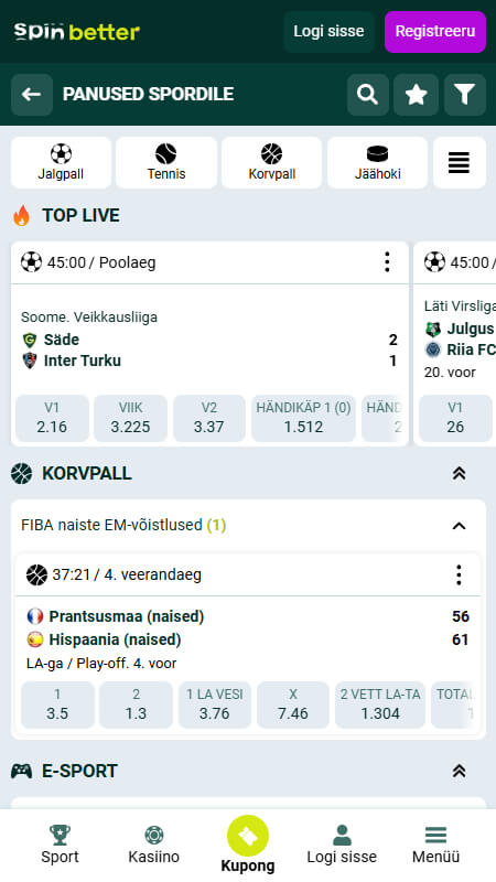 Spinbetter Bookmaker Live betting